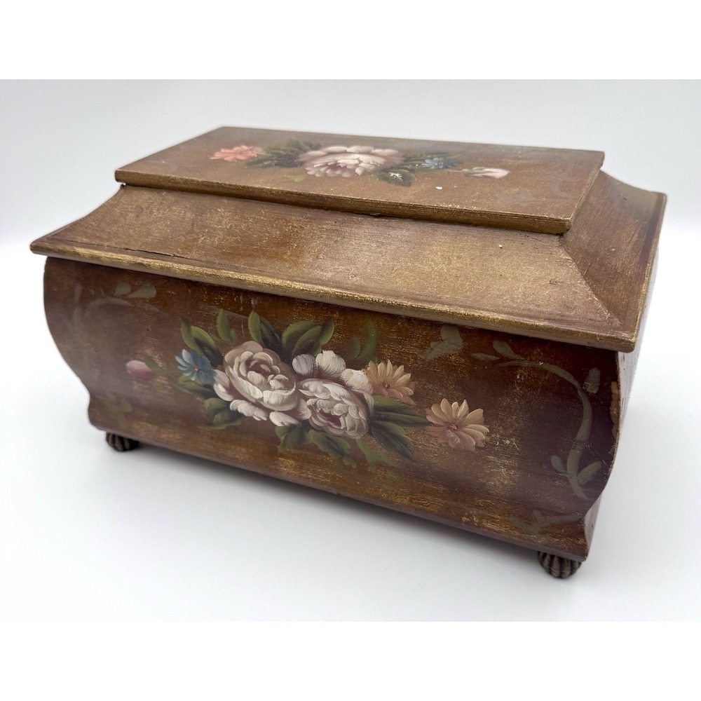 Vintage Hand Painted Rose Floral Wood Jewelry Trinket Box Velvet Lined Footed